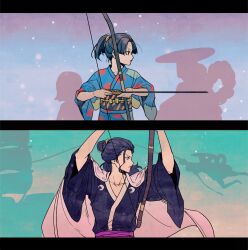  1boy 3boys absurdres age_progression arrow_(projectile) black_hair boat bow_(weapon) commentary_request highres holding holding_bow_(weapon) holding_weapon izou_(one_piece) japanese_clothes kani_cherrypie kikunojo_(one_piece) kimono kouzuki_oden letterboxed male_focus multiple_boys obi one_piece ponytail profile red_lips sash sidelocks snow watercraft weapon wide_sleeves 