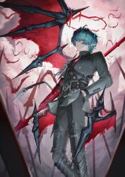  1boy absurdres aqua_eyes aqua_hair arknights arknights:_endfield bat_(animal) black_jacket black_pants blood blood_halo camille_(arknights) closed_mouth commentary elbow_gloves gloves halo hand_in_pocket highres holding holding_polearm holding_weapon ichira jacket liquid_halo multicolored_hair neck_tattoo pants pinstripe_jacket pinstripe_pattern pointy_ears polearm red_gloves short_hair single_elbow_glove solo streaked_hair tattoo two-tone_hair vampire weapon wings 