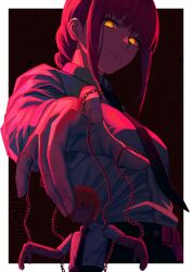  1girl absurdres black_necktie black_pants blunt_bangs braid chain chainsaw_man collared_shirt commentary dark_background denji_(chainsaw_man) eyelashes from_below glowing glowing_eyes highres long_sidelocks long_sleeves makima_(chainsaw_man) mccheese necktie pants puppet red_hair red_light red_theme ringed_eyes shirt short_hair sidelocks yellow_eyes 
