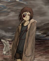  1girl abstract_background absurdres bag bags_under_eyes black_sweater brown_coat brown_hair coat expressionless highres hood hood_down horror_(theme) looking_at_viewer messy_hair milk-chan_(milk_series) milk_inside_a_bag_of_milk_inside_a_bag_of_milk no_symbol open_clothes open_coat pale_skin plastic_bag print_sweater red_eyes short_bangs short_hair short_shorts shorts solo solo_focus surreal sweater tataeyo_gekisakuka 