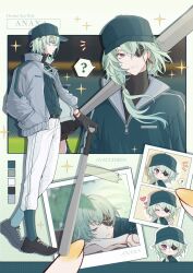  1boy ? anaxa_(honkai:_star_rail) aqua_hair aqua_shirt ayacchirin baseball_bat baseball_cap baseball_uniform belt black_gloves black_shoes character_name chibi closed_eyes closed_mouth commentary earrings english_commentary eyepatch gloves grey_eyes grey_jacket hat highres holding holding_baseball_bat honkai:_star_rail honkai_(series) jacket jewelry long_hair long_sleeves male_focus multiple_views pants shirt shoes sneakers sportswear white_pants zipper 