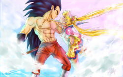  1boy 1girl arm_around_another's_waist bishoujo_senshi_sailor_moon black_hair blonde_hair clouds crossover dragon_ball dragon_ball_z eternal_sailor_moon highres injury long_hair mitsublinger pants raditz red_pants sailor_moon sailor_senshi_uniform scar tail very_long_hair 