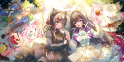  2girls alternate_costume animal_ears black_dress black_hair blue_eyes bow brown_hair bun_with_hair_base cake cat_ears columbina_(genshin_impact) commentary_request dress fake_animal_ears food fruit genshin_impact highres knife looking_at_viewer multiple_girls pioko purple_hair sandrone_(genshin_impact) strawberry violet_eyes white_bow white_dress 