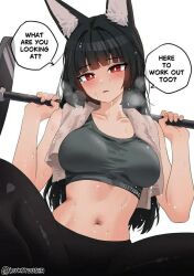 1girl animal_ears artist_name fox_ears gym_uniform hoshimi_miyabi long_hair looking_at_viewer pov weightlifting zenless_zone_zero