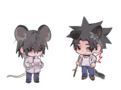  2boys absurdres aged_down animal_ears black_eyes black_hair black_shoes blue_pants brown_shoes character_name chibi chibi_only commentary dog_boy dog_ears dog_tail false_memory guan_chao_(false_memory) guan_chao_(teenager)_(false_memory) hair_between_eyes hair_down handheld_game_console he_mingshuo high_collar highres holding holding_handheld_game_console holding_stick jacket looking_at_viewer male_focus medium_hair mouse_boy mouse_ears mouse_tail multiple_boys open_clothes open_jacket pants print_jacket renlei_zhilixingzou shirt shoes simple_background sleeves_rolled_up spiky_hair stick tail track_jacket untranslatable_commentary white_background white_jacket white_shirt wing_print wings zipper zipper_pull_tab 