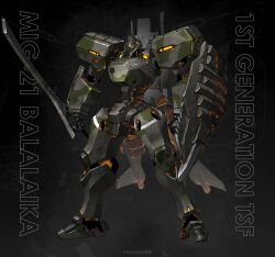  absurdres arm_shield artist_name assault_visor black_background camouflage commentary english_commentary english_text full_body highres holding holding_sword holding_weapon kreuzer_00 large_variant_set lineart_zoom_layer mecha mecha_focus mig-21_balalaika_(muv-luv) muv-luv muv-luv_alternative no_humans radio_antenna reactive_armor robot schwarzesmarken science_fiction spiked_shield standing sword tactical_surface_fighter variant_set watermark weapon yellow_assault_visor 