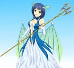  1girl :d blue_background blue_eyes blue_hair bodice breasts bridal_gauntlets dragon_wings dress hair_ornament head_wings highres kachimira leviathan_(zettai_bouei_leviathan) leviathan_(zettai_bouei_leviathan)_(cosplay) long_dress looking_at_viewer navel open_mouth polearm sachi_(sao) seiyuu_connection short_hair smile solo sword_art_online trident weapon wings zettai_bouei_leviathan 