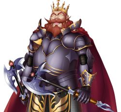  1boy ^_^ armor axe battle_axe beard brown_hair cape chainmail closed_eyes crown dual_wielding dwarf facial_hair game_asset gauntlets gold_trim holding holding_axe holding_weapon large_variant_set male_focus mustache non-web_source official_art open_mouth orange_hair red_cape red_hair self-datamine sigmund_musbelheim simple_background smile solo tachi-e taima_seikou_alice transparent_background variant_set weapon zol 