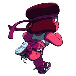 1girl afro alternate_costume colored_skin discount-supervillain full_body gem_(steven_universe) headband red_skin ruby_(steven_universe) running shoes short_hair shorts simple_background solo sports_bra steven_universe sweat tomboy toon_(style) 