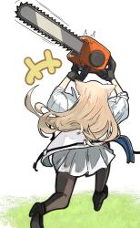  animal_ears aqa arknights arknights:_endfield bird_ears bird_girl chainsaw chasing dress fortnite highres holding holding_chainsaw perlica_(arknights) white_dress white_hair 