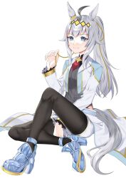  1girl ahoge animal_ears black_pantyhose blue_eyes brooch closed_mouth clothing_cutout cropped_jacket diamond_brooch glass_slipper grey_hair grey_leotard grey_tail hair_between_eyes hair_ornament hair_ribbon highres hip_vent horse_ears horse_girl horse_tail jacket jewelry leotard long_hair long_sleeves metaninjin neckerchief oguri_cap_(cinderella_gray)_(umamusume) oguri_cap_(umamusume) overskirt pantyhose ponytail red_neckerchief ribbon shorts sitting smile solo star_brooch tail umamusume umamusume:_cinderella_gray white_jacket white_shorts 