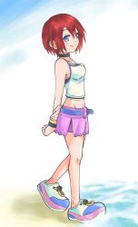  1girl belt blue_eyes closed_mouth commentary_request emapippi full_body groin hair_between_eyes highres jewelry kairi_(kingdom_hearts) kingdom_hearts kingdom_hearts_i looking_at_viewer midriff navel necklace red_hair short_hair sleeveless smile solo 