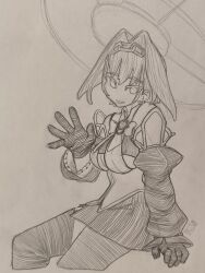  1girl absurdres bow bow_earrings breasts chain chain_headband clothing_cutout earrings fanged_bangs graphite_(medium) halo hatching_(texture) highres hololive hololive_english jewelry long_sleeves mechanical_halo mechanical_pencil monochrome open_mouth ouro_kronii ouro_kronii_(1st_costume) paper_background pencil photo_(medium) pinstripe_pattern pinstripe_shirt ribbon_earrings self-upload sergent_magnom shirt simple_background sketch skirt smile solo traditional_media underboob_cutout virtual_youtuber 