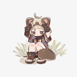  1girl :t animal_ears animal_hood arm_guards arms_up asymmetrical_gloves black_gloves black_sandals black_shorts blue_haori blunt_bangs blush brown_kimono closed_mouth commentary elbow_gloves fake_animal_ears fake_tail fingerless_gloves genshin_impact gloves grass grey_hair hands_on_own_head haori highres hood hood_up japanese_clothes kimono leaf leaf_on_head looking_at_viewer nodori710 open_clothes pout raccoon_ears raccoon_hood raccoon_tail sandals sayu_(genshin_impact) short_eyebrows short_hair short_shorts short_sleeves shorts shuriken simple_background single_elbow_glove solo squatting tail untranslatable_commentary v-shaped_eyebrows violet_eyes weapon white_background 
