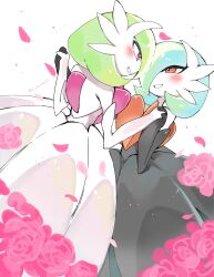  2girls alternate_color artist_name black_dress black_gloves blue_hair blush bob_cut colored_skin commentary_request dress elbow_gloves falling_petals flower gardevoir gloves green_hair hair_over_one_eye highres holding_hands mega_gardevoir mega_pokemon multiple_girls o_san0033 orange_eyes petals pink_eyes pink_flower pink_rose pokemon pokemon_(creature) rose shiny_pokemon smile strapless strapless_dress white_dress white_gloves white_skin 