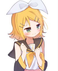  1girl black_sailor_collar black_sleeves blonde_hair bow breasts closed_mouth commentary detached_sleeves embarrassed green_eyes hair_bow hair_ornament hairclip highres kagamine_rin looking_to_the_side midriff mizushi_sora navel neckerchief parallel_hairclips sailor_collar shirt short_hair simple_background sleeveless sleeveless_shirt small_breasts treble_clef upper_body vocaloid white_background white_bow white_shirt yellow_neckerchief yellow_trim 