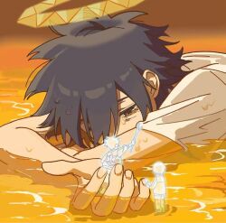  3boys back black_hair blue_eyes crescent_moon false_memory from_behind ghost guan_chao_(false_memory) guan_chao_(teenager)_(false_memory) halo he_mingshuo holding holding_mini_person holding_stick jacket looking_at_another lying lying_on_water male_focus medium_hair mini_person moon multiple_boys on_stomach pants print_jacket see-through_body shirt shoes short_sleeves spiky_hair stick sword_print tear_troughs tears triangle wet white_shirt wing_print youyu_chaomian 