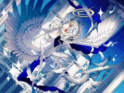  1girl absurdres angel angel_wings architecture bird character_request colored_eyelashes commentary_request copyright_request dove dress feathered_wings flying frilled_dress frilled_sleeves frills hair_intakes hair_ornament highres holding holding_wand korean_commentary long_sleeves looking_at_viewer miyu_(miy_u1308) off-shoulder_dress off_shoulder official_art pantyhose puffy_sleeves red_eyes shoes short_hair sky solo wand watermark watermark_grid white_bird white_dress white_eyelashes white_hair white_pantyhose white_shoes wings 