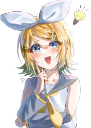  1girl blonde_hair blue_eyes bow breasts detached_sleeves fang finger_to_cheek grey_sailor_collar grey_sleeves hair_bow hair_ornament hairclip highres idea kagamine0928 kagamine_rin light_bulb looking_at_viewer neckerchief open_mouth parallel_hairclips sailor_collar shirt short_hair simple_background sleeveless sleeveless_shirt small_breasts solo treble_clef upper_body vocaloid white_background white_bow white_shirt yellow_neckerchief yellow_trim 