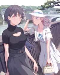  2girls bag black_hair black_sweater blue_eyes blush breasts ceras_yanagida_lilienfeld ceras_yanagida_lilienfeld_(summer_casual) cleavage_cutout closed_mouth clothing_cutout collarbone commentary_request day dress dress_ribbon edel_note grey_skirt hair_ornament hair_ribbon handbag hat highres holding jacket jewelry kanazawa_(city) katsuragi_izumi katsuragi_izumi_(summer_casual) long_hair love_live! love_live!_hasu_no_sora_jogakuin_school_idol_club making-of_available medium_breasts multiple_girls necklace official_alternate_costume open_clothes open_jacket orange_eyes outdoors parted_lips pink_ribbon real_world_location ribbon shamakho short-sleeved_jacket short-sleeved_sweater short_sleeves skirt smile sun_hat sweater triangle_hair_ornament virtual_youtuber white_dress white_hat white_jacket 