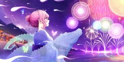  1girl aerial_fireworks alternate_costume alternate_hairstyle artist_request bug butterfly crocodile crocodilian earrings fireworks floral_print floral_print_kimono game_asset ghost hair_bun highres hitodama japanese_clothes jewelry kimono lantern market_stall night obi official_art open_mouth outdoors paper_lantern people pink_butterfly print_kimono purple_sash purple_sky river saigyouji_yuyuko sash sky summer_festival third-party_source touhou touhou_lostword translation_request white_kimono 