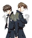  2boys blue_eyes brown_hair crossed_arms green_eyes gundam gundam_wing heero_yuy jacket multiple_boys smile tktn trowa_barton uniform 