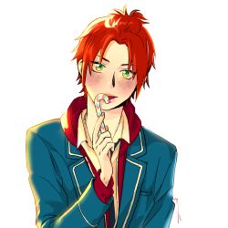  1boy blue_jacket blush candy candy_cane character_request check_gender commentary_request copyright_request food gender_request green_eyes holding holding_candy holding_candy_cane holding_food jacket korean_commentary let_ink male_focus pink_lips red_hair short_hair solo upper_body white_background 