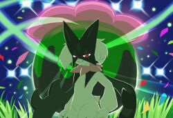  commentary_request confetti grass green_fur looking_at_viewer mask meowscarada pokemon pokemon_(creature) red_eyes solo ylit_shalmon2 