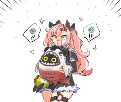  1girl az79709363 bangboo_(zenless_zone_zero) belt coin hair_ornament hair_ribbon hairclip highres holding leg_belt long_hair looking_at_viewer nicole_demara open_mouth pink_hair ribbon simple_background skirt solo tears twintails white_background yellow_eyes zenless_zone_zero 