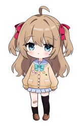  1girl absurdres ahoge aqua_bow aqua_bowtie asymmetrical_legwear bandaid bandaid_on_knee bandaid_on_leg black_socks black_thighhighs blue_eyes blue_sailor_collar blue_skirt bow bowtie brown_hair brown_shoes cardigan chibi chibi_only commentary from_side full_body hair_between_eyes hair_ornament hair_ribbon heart heart_hair_ornament highres light_blush loafers long_hair long_sleeves luna_(runa) miniskirt neuro-sama neuro-sama_(1st_costume) parted_lips pleated_skirt red_ribbon ribbon sailor_collar shoes simple_background single_sock single_thighhigh skirt socks solo thigh-highs two_side_up uneven_legwear untranslatable_commentary vedal_ai virtual_youtuber white_background yellow_cardigan 