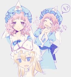  2girls :d absurdres anger_vein blonde_hair blue_eyes blue_hat blue_sash chinese_commentary closed_mouth commentary_request crumbs dou_(doudouzi) food food_on_face grey_background hat hat_ribbon heart highres interlocked_fingers long_hair long_sleeves medium_hair mob_cao multiple_girls nervous_sweating obi own_hands_together partial_commentary pink_eyes pink_hair red_ribbon ribbon saigyouji_yuyuko sash smile spoken_heart sweat touhou triangular_headpiece veil white_hat white_veil yakumo_yukari 