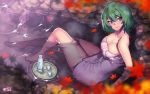  1girl autumn_leaves bare_arms bare_legs bare_shoulders barefoot bathing blue_eyes bottle breasts cleavage collarbone come_hither floating green_hair highres idolmaster idolmaster_cinderella_girls jjune large_breasts looking_at_viewer naked_towel onsen sake_bottle sitting smile solo takagaki_kaede towel tray 