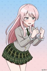  1girl absurdres bang_dream! bang_dream!_it's_mygo!!!!! blush chihaya_anon commentary diagonal-striped_clothes diagonal-striped_necktie fang green_necktie green_skirt grey_eyes grey_jacket highres jacket kana_(user_wyka3887) long_hair long_sleeves necktie open_mouth pink_hair plaid_clothes plaid_skirt pleated_skirt skirt solo striped_clothes striped_necktie sweatdrop 