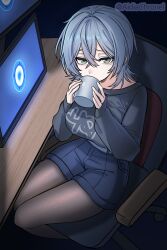  1girl aidia_chronel black_pantyhose black_shirt blue_shorts breasts chair closed_mouth coffee_mug commentary cup drinking english_commentary fairy_(zenless_zone_zero) genderswap genderswap_(mtf) green_eyes grey_hair highres holding holding_cup large_breasts looking_at_viewer monitor mug office_chair on_chair pantyhose pantyhose_under_shorts shirt short_hair shorts sitting solo swivel_chair textless_version twitter_username wise_(zenless_zone_zero) zenless_zone_zero 