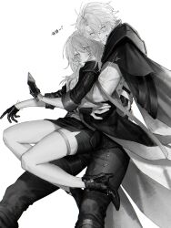  1boy 1girl absurdres antenna_hair arm_guards blush boots breasts cape cellphone closed_eyes coat collared_shirt commentary crossed_bangs feet_out_of_frame fingernails floating_cape floating_clothes full_body gloves greyscale hair_between_eyes hands_up happy height_difference hetero high_collar high_heel_boots high_heels highres holding holding_phone honkai:_star_rail honkai_(series) hug hug_from_behind ieririr jacket long_hair long_sleeves looking_at_viewer medium_breasts miniskirt monochrome open_clothes open_jacket open_mouth pants phainon_(honkai:_star_rail) phone shirt short_hair sidelocks signature simple_background skirt smartphone smile standing stelle_(honkai:_star_rail) t-shirt teeth thigh_strap trailblazer_(honkai:_star_rail) untranslatable_commentary 