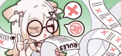  1girl animal_ears bespectacled black-framed_eyewear blonde_hair brown_choker cat_ears cat_girl choker closed_eyes cweamcat eyelashes glasses green_background green_outline hair_ornament hair_ribbon hairclip holding holding_paper index_finger_raised indie_virtual_youtuber list long_hair lowres official_art one_eye_closed open_mouth outline paper pink_ribbon ribbon round_eyewear rules second-party_source solo speech_bubble spoken_x two_side_up virtual_youtuber yam_(no_7error) 