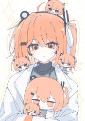  >_< +_+ 1girl 5girls :3 :d a.i._voice absurdres adachi_rei ahoge black_hairband black_shirt blush character_doll chibi closed_eyes closed_mouth commentary_request doll double-parted_bangs gloves grid_background hair_between_eyes hairband headlamp highres holding holding_doll jacket long_sleeves mei_(meiday_mise) mini_person minigirl multiple_girls one_side_up open_clothes open_jacket open_mouth orange_hair shirt short_hair single_hair_intake smile sparkle turtleneck turtleneck_shirt upper_body utau white_background white_gloves white_jacket 
