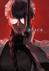  1girl absurdres black_dress black_hair black_lagoon blood blood_on_cheek blood_on_face braid buttoned_cuffs buttons commentary_request dress english_text finger_on_trigger glasses gloves gun handgun highres holding holding_gun holding_weapon long_hair m1911 maid maid_headdress opaque_glasses partially_opaque_glasses red_background roberta_(black_lagoon) round_eyewear solo suppressor tangtangjj twin_braids weapon white_gloves 