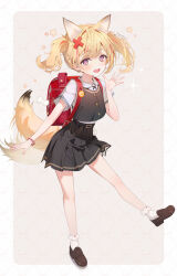  1girl absurdres animal_ears backpack bag black_skirt blonde_hair blush bracelet collared_shirt commentary_request dog_ears dog_girl dog_tail frilled_socks frills hair_ornament highres jewelry multicolored_hair open_mouth original pink_eyes randoseru red_streaks shirt short_twintails sikimosh simple_background skirt socks solo streaked_hair tail twintails waving white_shirt white_socks x_hair_ornament 