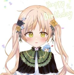  >_o 2girls :d ;d black_capelet black_flower black_rose block06913028 blonde_hair capelet dated dot_nose flower green_eyes hair_flower hair_ornament happy_birthday highres long_hair mahou_shoujo_no_majo_saiban mini_person minigirl multiple_girls one_eye_closed portrait rose simple_background smile solo_focus straight-on tachibana_sherry tono_hanna twintails white_background white_flower white_rose yellow_flower yellow_rose 