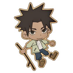  1boy black_eyes black_hair blue_pants brown_shoes chen_shiliuchen chibi chibi_only chinese_commentary commentary_request false_memory he_mingshuo high_tops highres holding holding_stick jacket male_focus open_clothes open_jacket outline pants pants_rolled_up shirt shoes sleeves_rolled_up sneakers spiky_hair stick tan white_shirt 