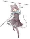  1girl adapted_costume akagashi_hagane animal_ears capelet dowsing_rod full_body grey_hair grey_legwear jewelry long_sleeves mouse_ears mouse_tail nazrin open_mouth pantyhose red_eyes shirt shoes short_hair simple_background skirt solo tail touhou white_background 