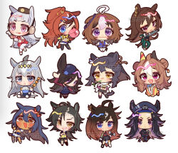  6+girls ahoge air_shakur_(umamusume) air_shakur_(unsigned)_(umamusume) animal_ears armband bandaid bandaid_on_face bandaid_on_nose black_hair blowing_bubble_gum blue_eyes blush bowl brooch brown_hair bubble_gum_fellow_(popping!)_(umamusume) bubble_gum_fellow_(umamusume) chewing_gum chibi chibi_only closed_mouth coat colored_inner_hair commentary copano_rickey_(eightfold_fortune)_(umamusume) copano_rickey_(umamusume) crop_top dark-skinned_female dark_skin double-parted_bangs double_bun dress duramente_(red_in_black)_(umamusume) duramente_(umamusume) ear_covers ear_ornament ear_ribbon eating fang fenomeno_(black_flames_of_the_righteous_spirit)_(umamusume) fenomeno_(umamusume) fingerless_gloves gloves glutton gold_ship_(red_strife)_(umamusume) gold_ship_(umamusume) green_jacket green_pants grey_hair hair_bun hairband hat highres hishi_amazon_(azure_amazon)_(umamusume) hishi_amazon_(umamusume) holding holding_bowl holding_skewer horse_ears horse_girl horse_pose horse_tail jacket jewelry long_hair long_sleeves meisho_doto_(turbulent_blue)_(umamusume) meisho_doto_(umamusume) mismatched_ear_covers mouth_hold multicolored_hair multiple_girls narita_brian_(maverick)_(umamusume) narita_brian_(umamusume) noto_hams oguri_cap_(starlight_beat)_(umamusume) oguri_cap_(umamusume) open_mouth orange_eyes pants pantyhose peaked_cap pillbox_hat pink_eyes pink_hairband pleated_skirt purple_hair red_dress red_eyes rice_bowl rice_shower_(rosy_dreams)_(umamusume) rice_shower_(umamusume) sharp_teeth short_hair single_thighhigh sirius_symboli_(feroce)_(umamusume) sirius_symboli_(umamusume) sitting skewer skirt sleeveless sleeveless_dress smile stalk_in_mouth standing star_brooch streaked_hair striped_armband striped_clothes tail teeth thigh-highs tilted_headwear two-tone_hair umamusume violet_eyes white_background white_coat white_gloves white_hair white_pantyhose yellow_dress yellow_eyes yellow_jacket yellow_sleeves 