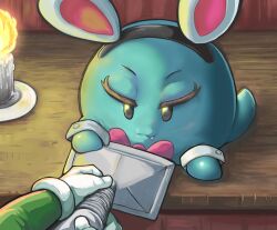  1boy 1girl animal_ear_hairband animal_ears black_eyes boo_(mario) bow bowtie candle commentary fake_animal_ears fang ghost ghost_tail gloves green_shirt hairband highres holding holding_weapon lahla_(mario) long_sleeves luigi paper_mario:_the_thousand-year_door paper_mario_(series) peeka_(mario) pink_bow pink_bowtie poltergust_3000 shirt smile super_mario_bros. takamame untranslatable_commentary weapon white_gloves white_wrist_cuffs wrist_cuffs 