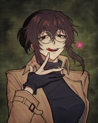  1girl black_gloves black_shirt brown_coat brown_hair coat commentary english_commentary glasses gloves heartjust4you highres licking_lips long_sidelocks looking_at_viewer ponytail shirt sidelocks solo sweater tongue tongue_out turtleneck turtleneck_sweater uguisu_anko yofukashi_no_uta 