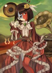  1girl belt belt_buckle black_hair bow bowtie buckle colored_skin detached_eyes dress ena:_dream_bbq ena_(dream_bbq) ena_(series) fashion flower highres multicolored_skin outdoors phonograph red_dress red_skin ribbon_trim rose solo split-color_skin thigh_belt thigh_strap two-tone_skin usagimarumei white_bow white_bowtie yellow_flower yellow_rose 