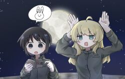  2girls :d :o ahoge black_eyes black_hair black_shirt blonde_hair blue_eyes blush book chito_(shoujo_shuumatsu_ryokou) commentary_request full_moon hands_up holding holding_book jitome long_hair long_sleeves moon multiple_girls night open_book open_mouth outdoors pointing rabbit rabbit_pose reading shirt short_hair shoujo_shuumatsu_ryokou sky smile speech_bubble spoken_animal star_(sky) starry_sky upper_body v-shaped_eyebrows you_know115 yuuri_(shoujo_shuumatsu_ryokou) 