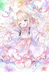  1girl akonemaru. balloon bird blonde_hair blue_eyes bow commentary_request commission detached_sleeves dress flower frilled_dress frills hair_flower hair_ornament hair_spread_out hairclip highres indie_virtual_youtuber long_hair long_sleeves looking_at_viewer neck_ribbon one_eye_closed open_mouth pink_bow pink_frills pink_ribbon reaching reaching_towards_viewer ribbon smile solo virtual_youtuber white_dress white_flower yukinoshita_peo 
