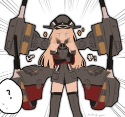  1girl ? bare_shoulders bismarck_(kancolle) blonde_hair blue_eyes blush_stickers breasts brown_gloves commentary_request crossed_arms detached_sleeves doyagao dress emphasis_lines gloves grey_thighhighs haruta_(hrtco) hat highres kantai_collection long_hair looking_at_viewer military military_uniform peaked_cap rigging short_dress simple_background sleeveless sleeveless_dress smile smug solo sparkle spoken_question_mark thigh-highs twitter_username white_background 