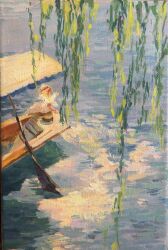  1girl absurdres boat commentary_request facing_away highres lily_white outdoors plant qiongyoo scenery solo touhou traditional_media water watercraft wide_shot 